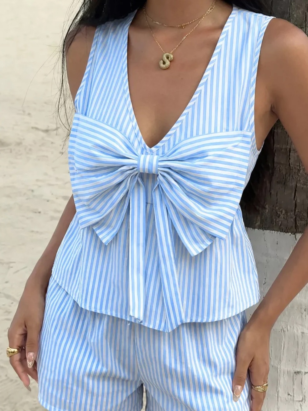 Anthropologie maronie blue stripe seersucker bow top sleeveless S